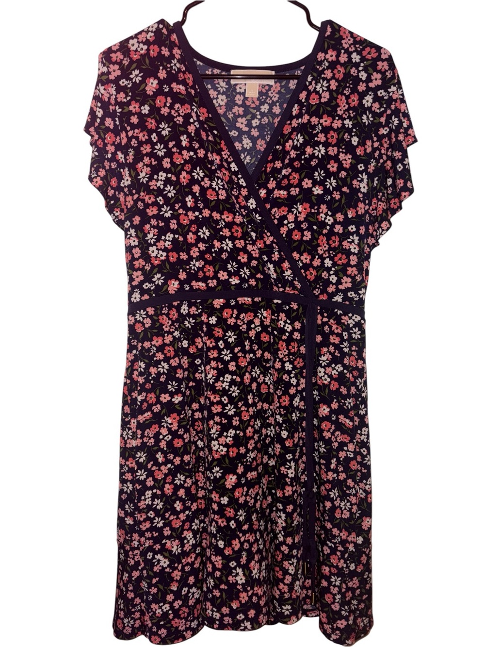Michael Michael Kors Women’s Floral Wrap Dress SZ Large Purple Pink Short Sleeve